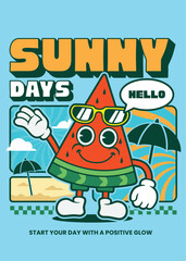 Story image with watermelon character waving. The message to be conveyed is an invitation to start the day with a positive spirit.