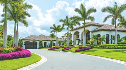 Obraz premium Gorgeous Suburban House Surrounded by Lush Palm Trees and Vibrant Flowers on a Bright Sunny Day in a Private Residential Community