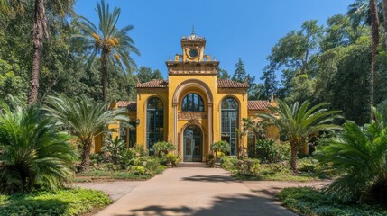 Fototapeta premium Charming Historic Yellow Mansion Surrounded by Lush Greenery and Palm Trees, Capturing the Essence of Tropical Architecture and Nature in a Picturesque Landscape
