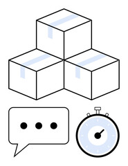 Three boxes stacked a speech bubble with ellipsis and a classic stopwatch. Ideal for logistics, efficiency, shipping, communication, time management, deadlines, teamwork. Line metaphor