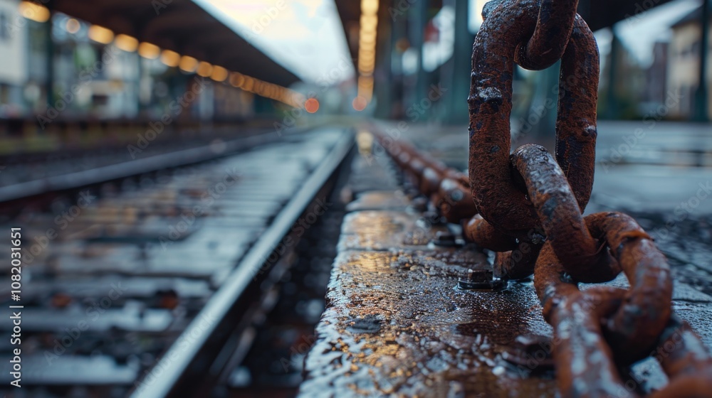 Poster a railroad track with a chain placed across it, perhaps blocking or securing the passage