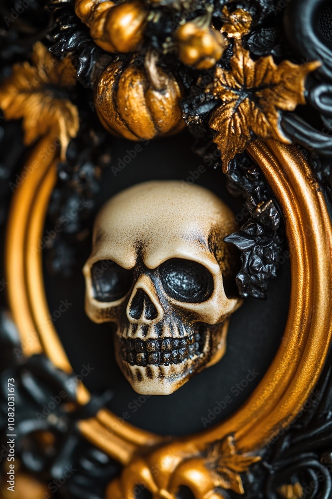 Poster a human skull displayed in a ornate gold frame on a dark background