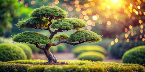 A bent tree stands tall, a bokeh garden blooms behind.