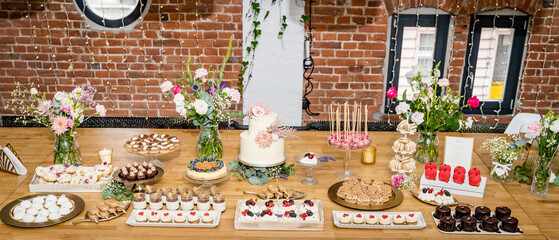 An elegant dessert table arrangement set against an exposed brick wall with soft string lights. The table is filled with a variety of exquisite treats, including a floral-adorned layered cake, cheesec