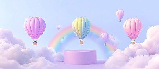 Colorful hot air balloons floating over clouds and a rainbow.