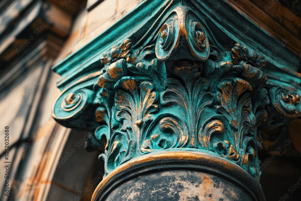 Poster A close-up view of a pillar with a building visible in the background