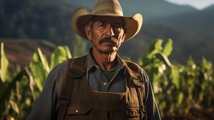 Latino Farmer in Cinematic Style Working in Field with 1.8 Aperture - Stock Photo