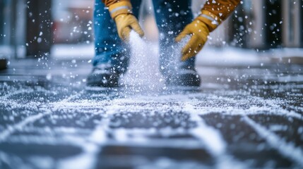 A dedicated city worker diligently spreads salt on an icy and slippery sidewalk to significantly enhance the safety and security for pedestrians navigating through challenging winter conditions