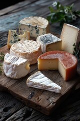 A wooden cutting board topped with various types of cheese, ideal for a charcuterie board or as a decorative centerpiece