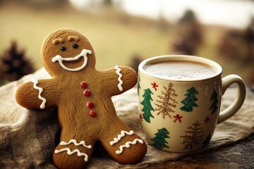 A whimsical illustration of a gingerbread man sitting next to a cup of coffee, perfect for holiday-themed designs and illustrations
