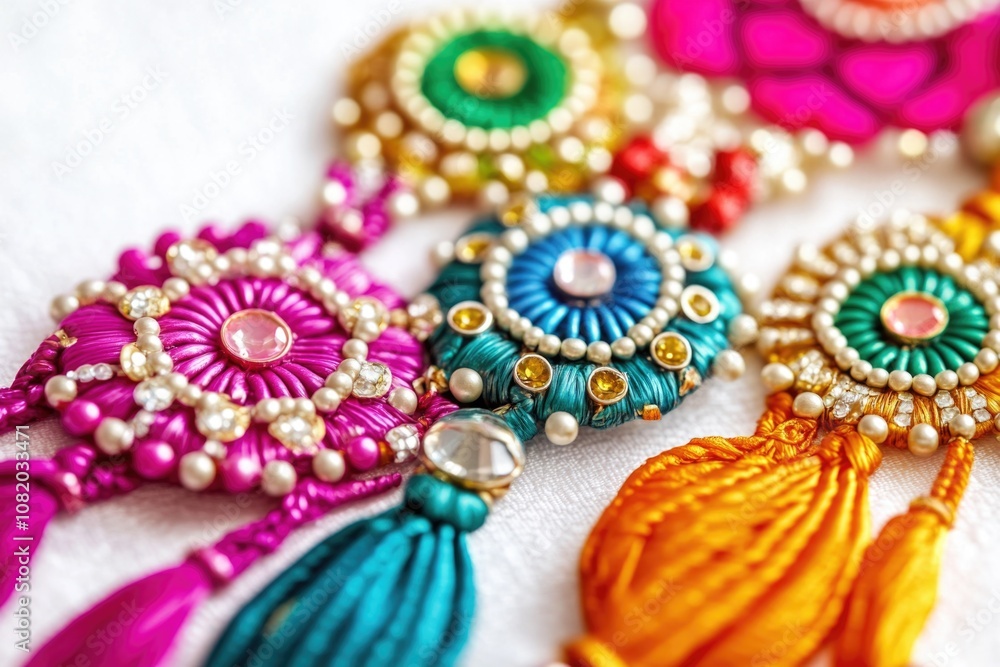 Poster a close-up view of a bunch of differently colored tassels