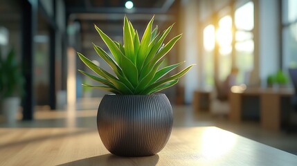 Vibrant green plant in a dynamic office, symbolizing growth and a productive workspace.