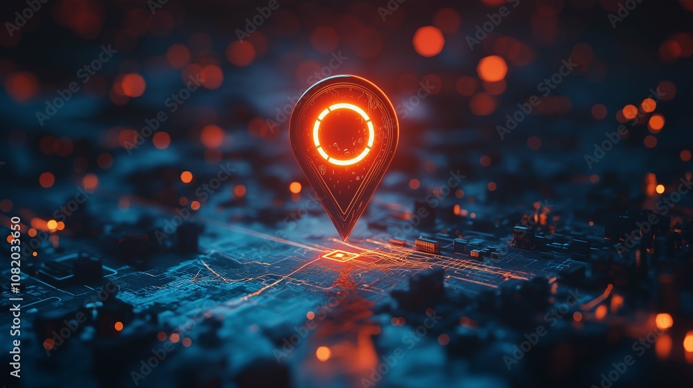 Poster glowing map pin icon on digital cityscape background with neon lights creating a futuristic navigati