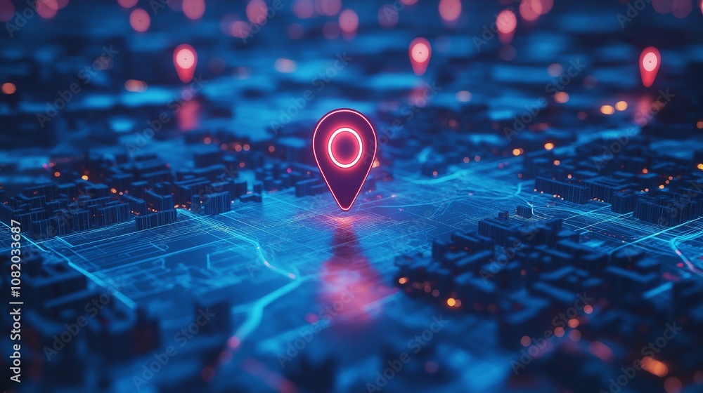 Poster neon map pin in urban landscape with digital connections representing location tracking and navigati