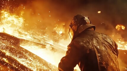 Fototapeta premium Workers in a steel mill operating machinery amidst sparks and molten metal, highlighting the intensity of the job.