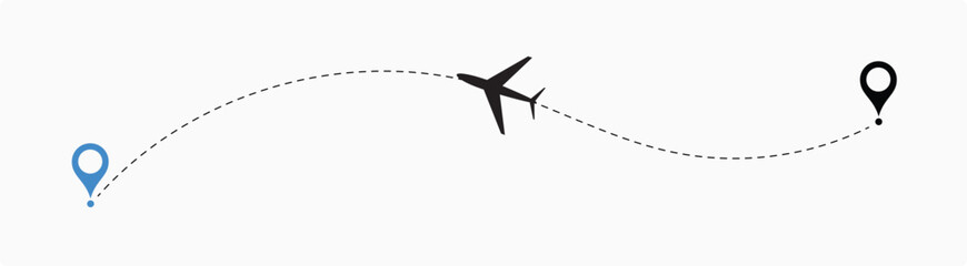 air plane reach in the destination. air plane route. airplane location. destination. reach. landing. dotted line.