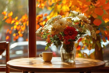 A still life composition of a vase with flowers sitting next to a cup of coffee on a table