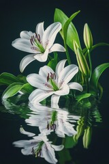A group of white flowers floating on the surface of calm water