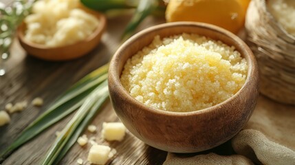 Natural Sugar Scrub Ingredients in Rustic Bowl with Citrus and Greenery for Skincare and Wellness, Close-Up of Exfoliating Beauty Supplies