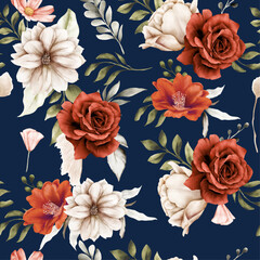 beautiful seamless pattern autumn flower and leaves watercolor