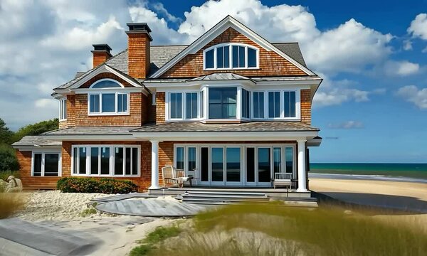 Classic Cape Cod house with a shingle exterior and white trim, featuring a stunning view of a sandy beach and clear blue ocean
