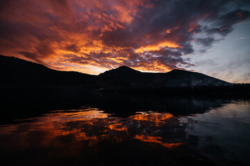 colorful sunset on the Multinsky lake in Altai