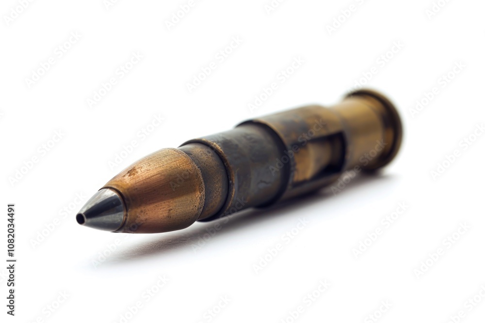 Poster a close-up shot of a single bullet on a white surface, suitable for use in various contexts