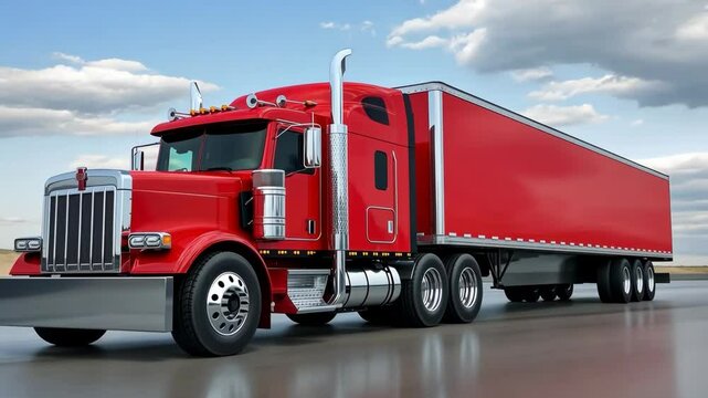 A vibrant red semi-truck parked on an open highway under a clear blue sky during the afternoon hours