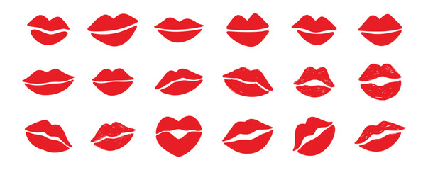 lips kiss clipart. lips kiss hand drawn silhouette symbols. Decor red lips cartoon drawing elements set