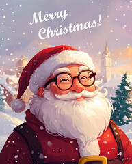 Merry Christmas! Holiday card design with Santa Claus. Snow, snowflakes, joy, happiness, wish fulfillment