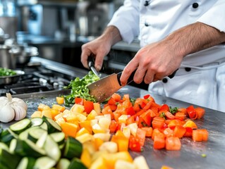 Silhouette of a confident chef chopping vegetables, bright kitchen lights creating a sharp contrast, dynamic team working in the shadows