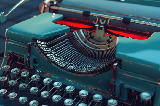 A close-up shot of a typewriter sitting on a table, ready for use