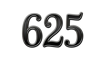 black metal 3d design of number 625 on white background.	