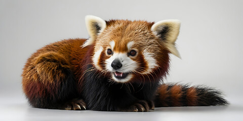 Fototapeta premium Cute Red Panda Animal lying on the white background Created with generative AI