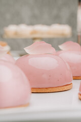 A beautiful pink dome dessert adorned with a soft rose petal, capturing elegance and sophistication. The smooth, glossy glaze and delicate presentation make this treat a perfect choice for upscale eve