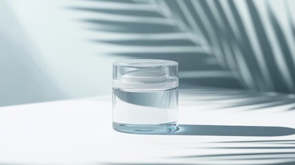 A transparent cosmetic container for beauty products, placed on a white surface, emphasizing the modern and elegant packaging style