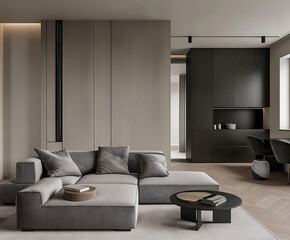 Aesthetic elegant minimalist modern interior design. Clear mock up empty wall for decoration in the apartment. Copy space in the room. Neutral palette of natural colors.