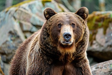 Fototapeta premium A large brown bear sits on top of a pile of rocks, looking around