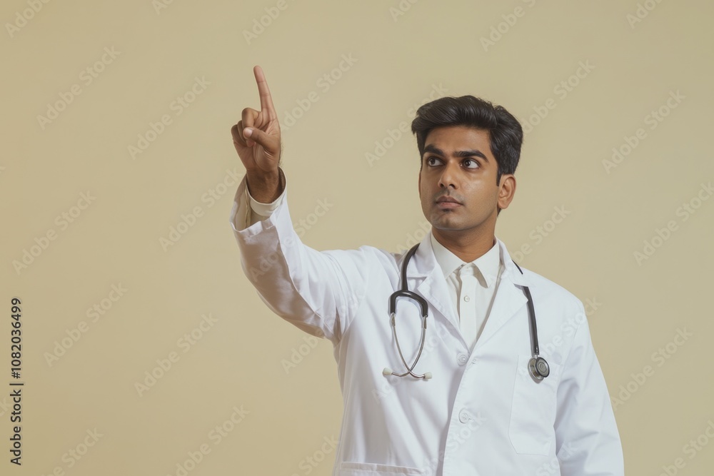 Poster a man in a white lab coat points at something, likely a discovery or finding