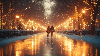 Charming Christmas Illustrations with Featuring A Couple Ice Skating On A Frozen Pond Surrounded By Snow-Covered Trees: Cute Holiday Designs for Cards, Wallpapers, T-Shirts, Posters & Decor 