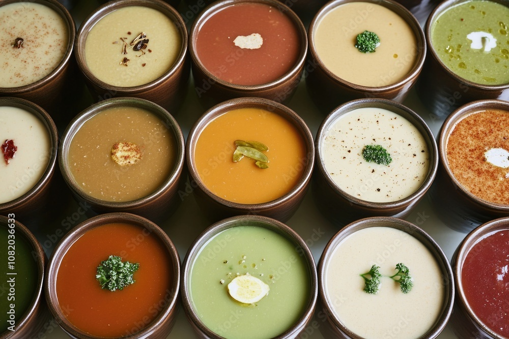 Poster A selection of different soups served in small bowls, great for showcasing various flavors and textures