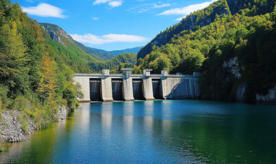 large dam with water flowing over it, surrounded by lush green trees. water is calm and serene, reflecting blue sky above