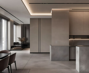 Aesthetic elegant minimalist modern interior design. Clear mock up empty wall for decoration in the apartment. Copy space in the room. Neutral palette of natural colors.