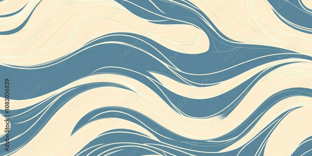 Poster abstract flowing waves pattern in soft beige and blue tones for modern design applications and backg