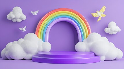 Colorful rainbow arch with clouds and birds on a purple background.
