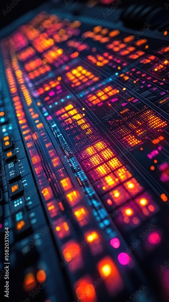 Poster a close-up of a brightly lit control panel with buttons and screens.