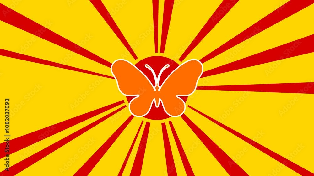 Poster butterfly symbol on the background of animation from moving rays of the sun. large orange symbol inc