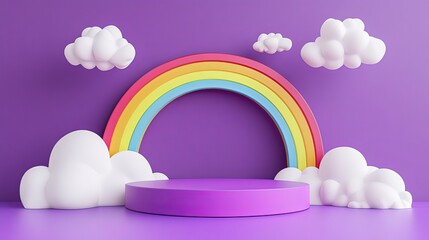Colorful rainbow with clouds in a playful purple setting.
