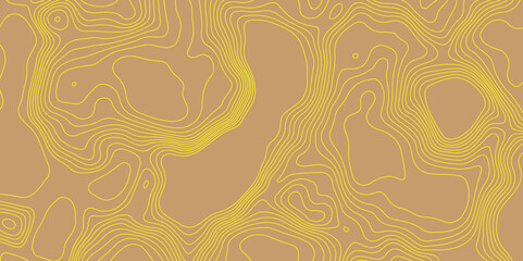 Curve yellow lines abstract topographic map brown background with vector contour map and geography map grid, lines map seamless pattern geographic mountain relief luxury topographic wavy pattern.