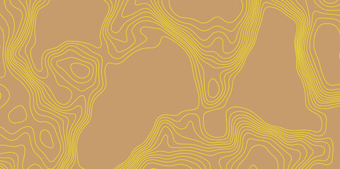 Curve yellow lines abstract topographic map brown background with vector contour map and geography map grid, lines map seamless pattern geographic mountain relief luxury topographic wavy pattern.